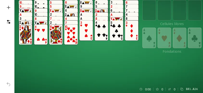 Jeu du Boulanger sur téléphone à l’horizontale : début de partie, huit colonnes de cartes sur le tapis vert, cellules et fondations encore vides.
